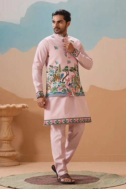 Classy Light Pink Mens Koti Kurta for Wedding Celebrations