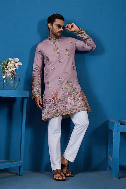 Heavy Embroidered Dusty Pink Kurta for Men
