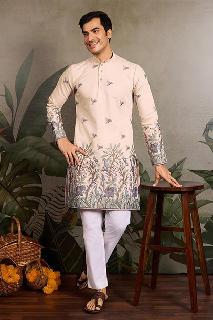 Beige Embroidered Work Beautiful Kurta for Men