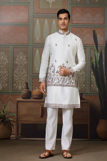Latest Embroidered Designer White Koti Kurta Set for Mens