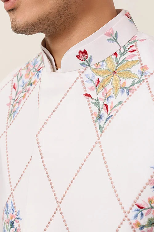 Elegant Wedding Special White Koti Kurta Pajama Set