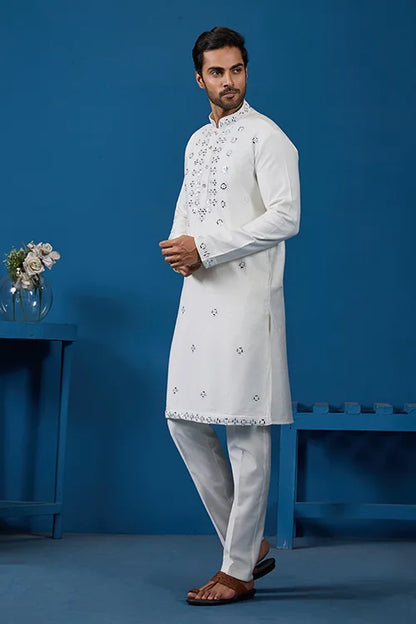 White Real Mirror Work Kurta Pant Set For Mens Wear
