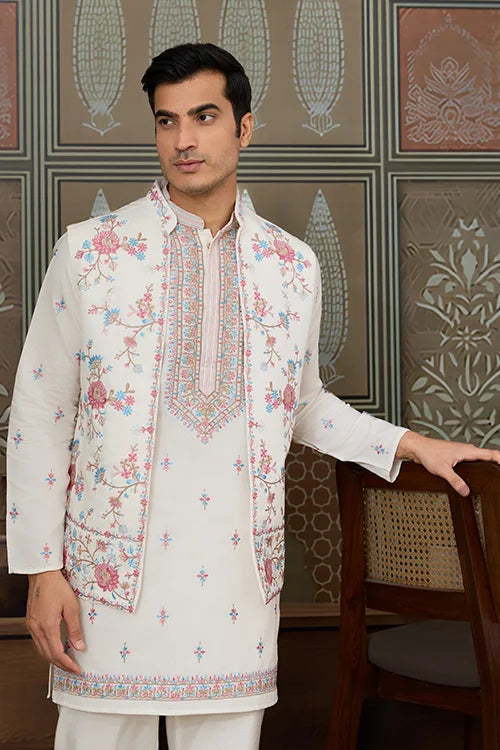 Ethnic White Embroidered Koti Kurta Set for Men