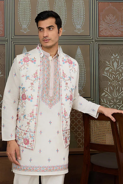 Ethnic White Embroidered Koti Kurta Set for Men