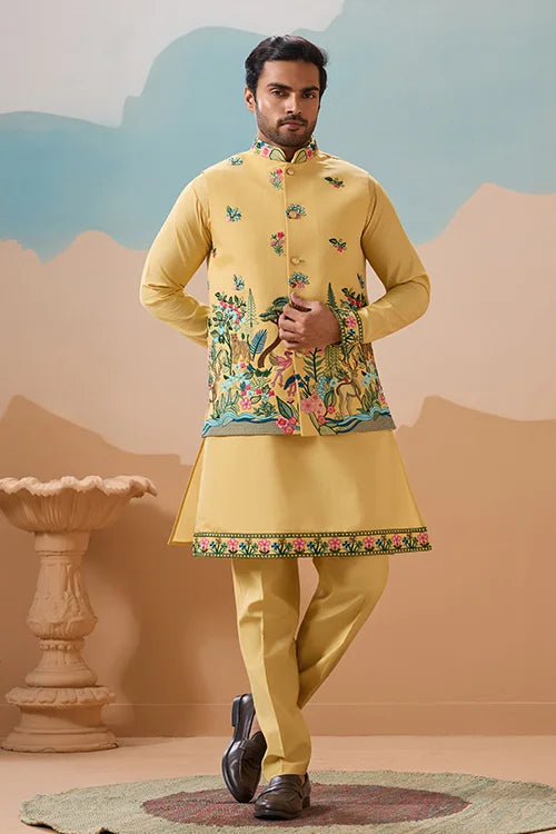 Haldi Special Yellow Classic Koti Kurta Set for Mens Wear