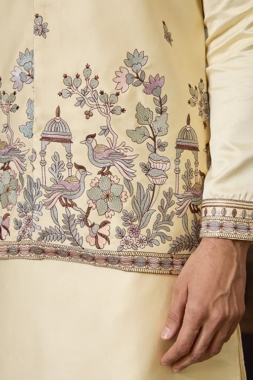 Haldi Special Light Yellow Koti Kurta Set for Mens Wear