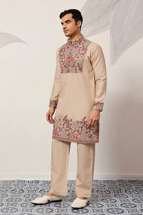 Beige Color Kurta Pant Set For Mens Traditional Outfit