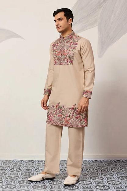 Beige Color Kurta Pant Set For Mens Traditional Outfit