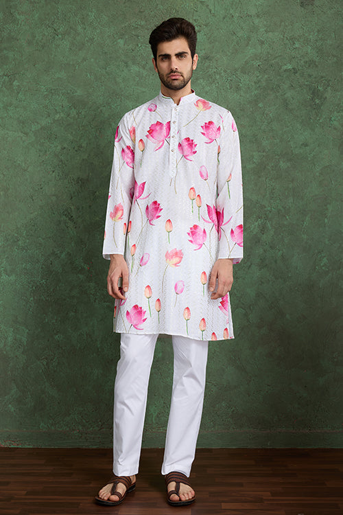 Buy Ethnic Style White & Pink Designer Kurta For Men