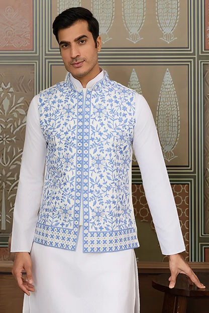 Traditional White Kurta Blue Koti Pajama for Men