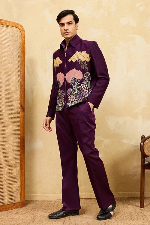 Wine Embroidery Bomber Jacket With Matching Pants For Mens Wear