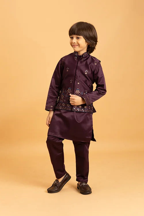 Purple Mirror Work Koti Kurta Set for Boys