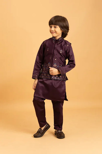 Purple Mirror Work Koti Kurta Set for Boys