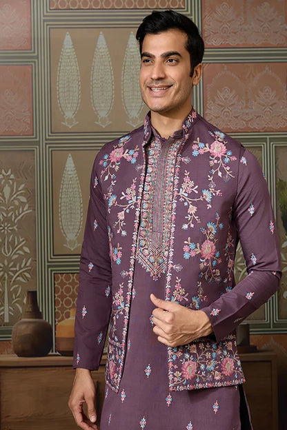 Dusty Purple Wedding Kurta with Matching Koti Set for men