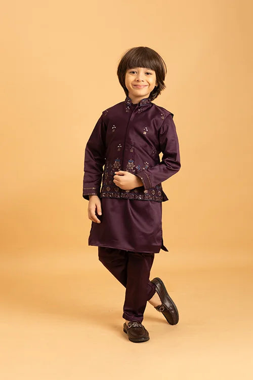 Purple Mirror Work Koti Kurta Set for Boys