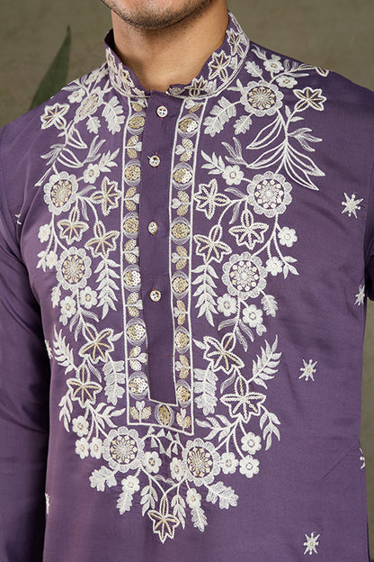 Pastel Purple Embroidered Viscose Silk Kurta Set