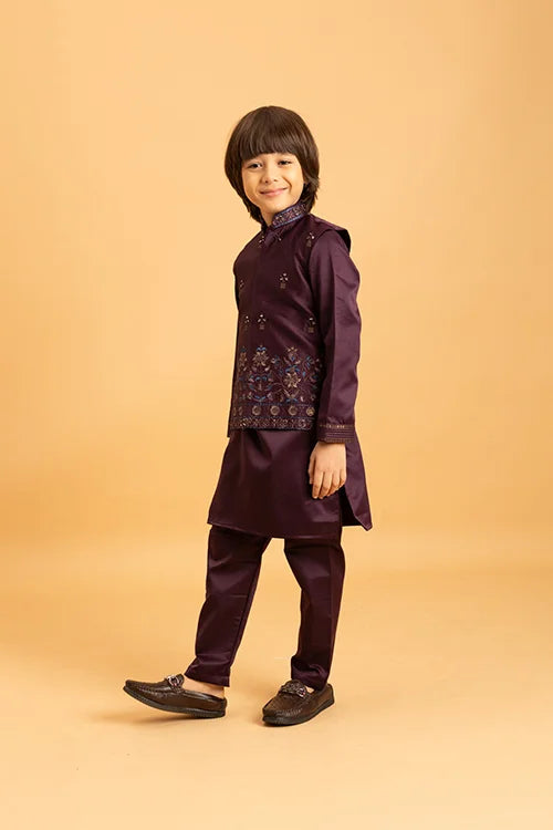 Purple Mirror Work Koti Kurta Set for Boys