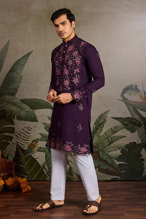 Designer Purple Mirror Work Kurta Set for Mens Wear