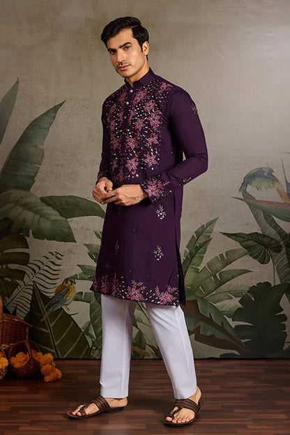 Designer Purple Mirror Work Kurta Set for Mens Wear