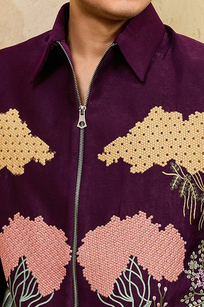 Wine Embroidery Bomber Jacket With Matching Pants For Mens Wear