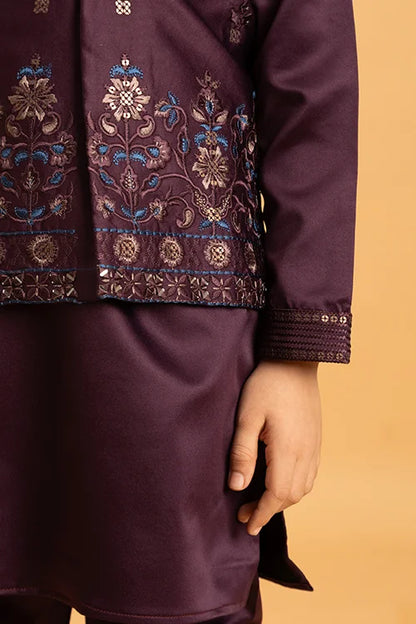 Purple Mirror Work Koti Kurta Set for Boys