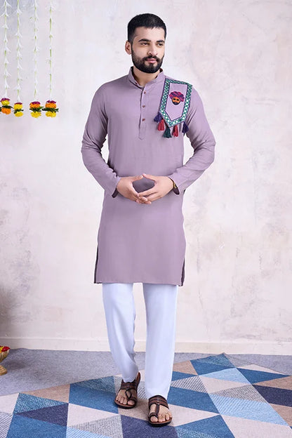 Dusty Purple Color Real Mirror Work Navratri Special Mens Kurta Collection