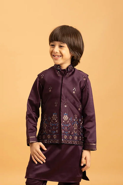 Purple Mirror Work Koti Kurta Set for Boys