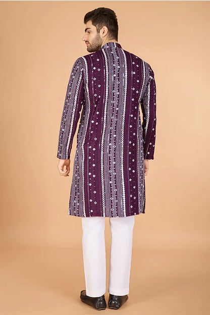 Purple Sequence With Mirror Foil Embroidered Mens Wear Kurta