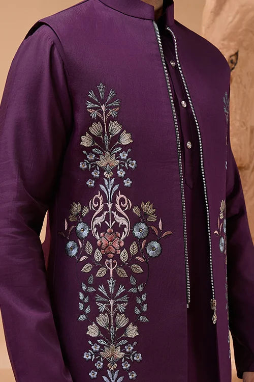 Vibrant Purple Color Koti Kurta Set Pair for Men Collection