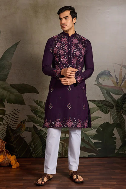 Designer Purple Mirror Work Kurta Set for Mens Wear