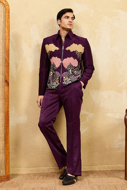 Wine Embroidery Bomber Jacket With Matching Pants For Mens Wear