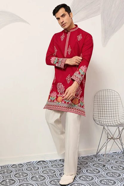 Unique Style Red Color Embroidered Kurta For Mens Wear