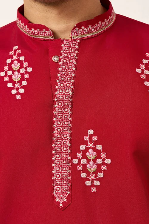 Unique Style Red Color Embroidered Kurta For Mens Wear