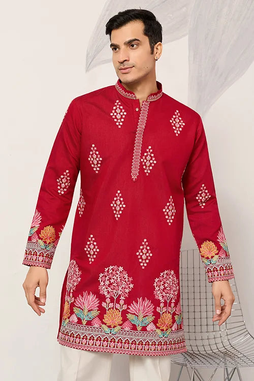 Unique Style Red Color Embroidered Kurta For Mens Wear