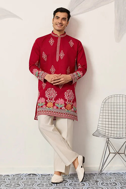 Unique Style Red Color Embroidered Kurta For Mens Wear