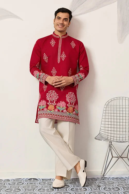 Unique Style Red Color Embroidered Kurta For Mens Wear