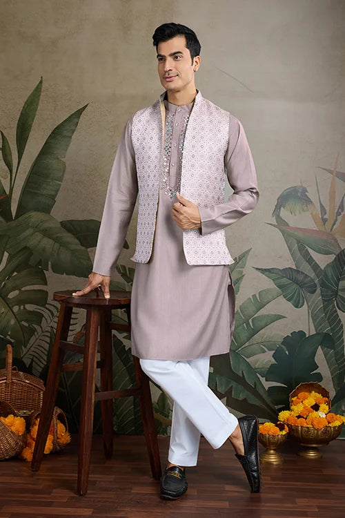 Ivory Roman Silk Kurta With Jacquard Open Koti Set