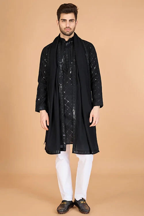 Black Viscose Fabric Embroidered Traditional Kurta For Mens Wear