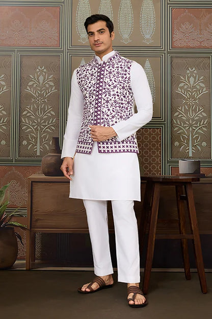 Classic White Mens Kurta Pajama With Stylish Purple Koti