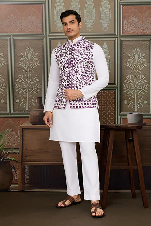 Classic White Mens Kurta Pajama With Stylish Purple Koti