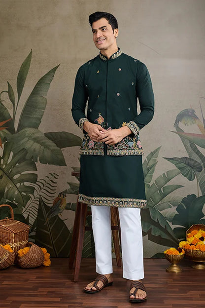 Stylish Green Men's Kurta Koti Set – Elegant & Trendy