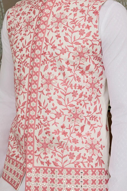 Wedding Pink Koti with White Kurta Pajama Set