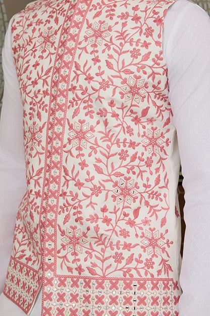 Wedding Pink Koti with White Kurta Pajama Set