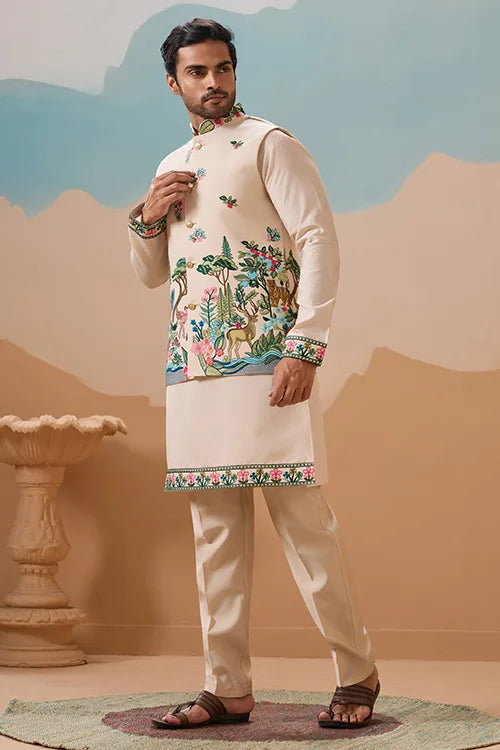 Latest Beige Color Koti Kurta Set for Mens Wear Collection