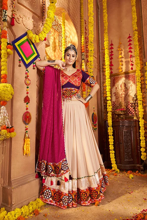 Thread Embroidered Beige Chaniya Choli For Garba Night