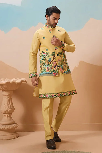 Haldi Special Yellow Classic Koti Kurta Set for Mens Wear