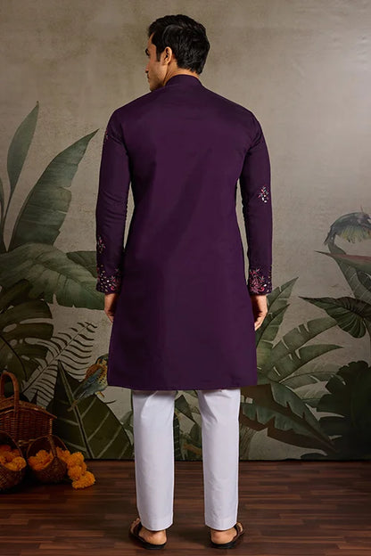 Designer Purple Mirror Work Kurta Set for Mens Wear