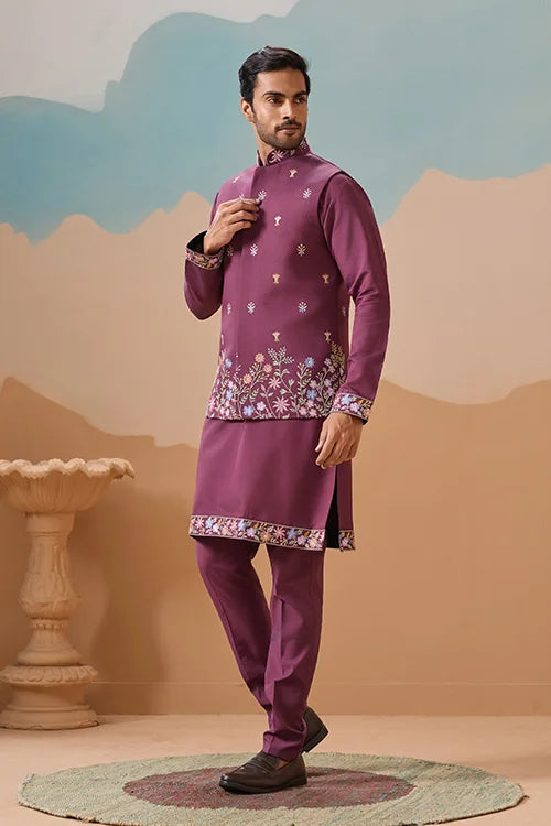 Dusty Color Embroidered Koti Kurta with Pant for Mens