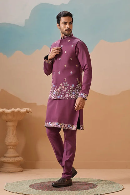 Dusty Color Embroidered Koti Kurta with Pant for Mens