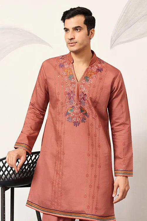 Elegant Royal V Style Orange Kurta Pant For Mens Wear
